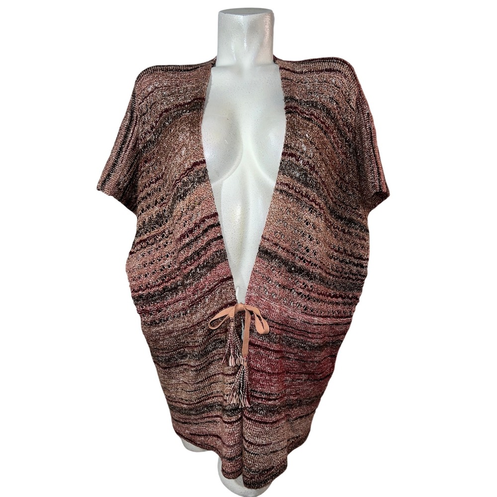 Chicos Space Dye Open Knit Cardigan Womens 3 XL Terracotta Brown Tassel Kimono
